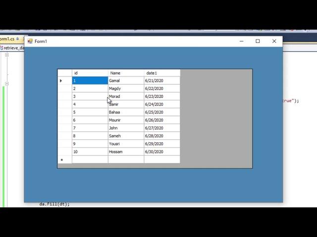 Programming with C#: Retrieve data from database and display in datagridview c#