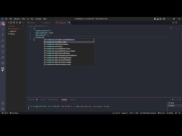 VS Code: the activity bar with settings.json