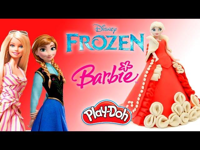 Куклы Frozen Холодное сердце и Барби Королевское платье из пластилина Плей До