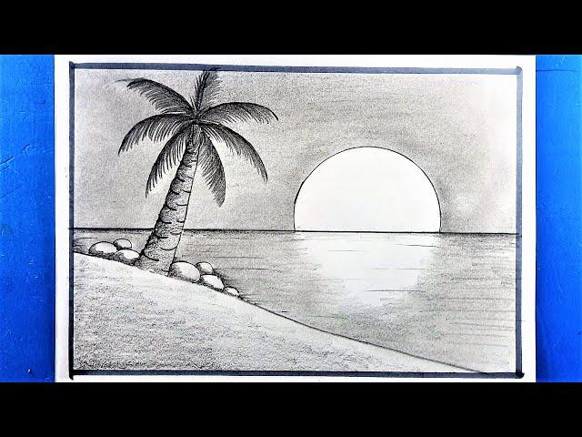 How to Draw Sunset Sea Beach | Pencil Drawing & Sketching || Shedding