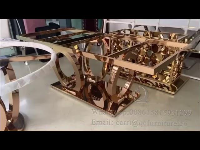 Qiancheng Furniture Stainless Steel Rose Gold Dining Table For Home / Wedding / Hotel