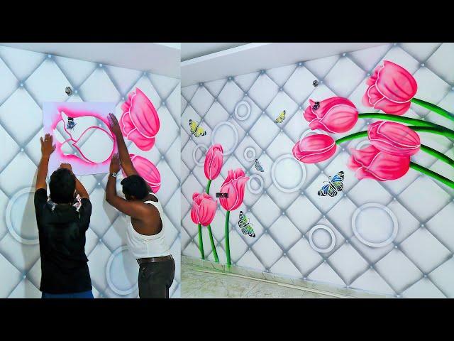 Rose design 3D Wall Art Ideas with Spray | Painted like wallpaper