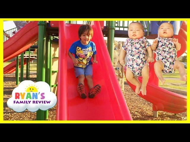 Ryan Twin Sisters First Time Outside! Playground for Kids Family Fun Playing at the Park