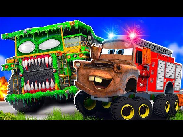 Tow Mater Fire Truck and Lightning McQueen VS BALAZ ZOMBIE slime Apocalypse in BeamNG.drive ‍️