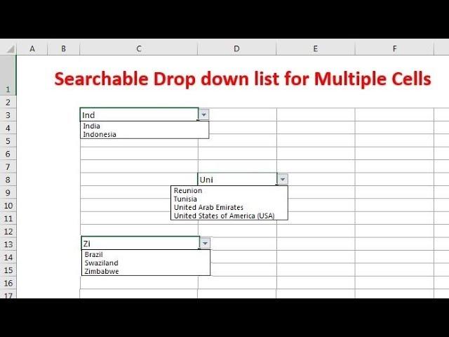 Searchable drop-down list for multiple cells