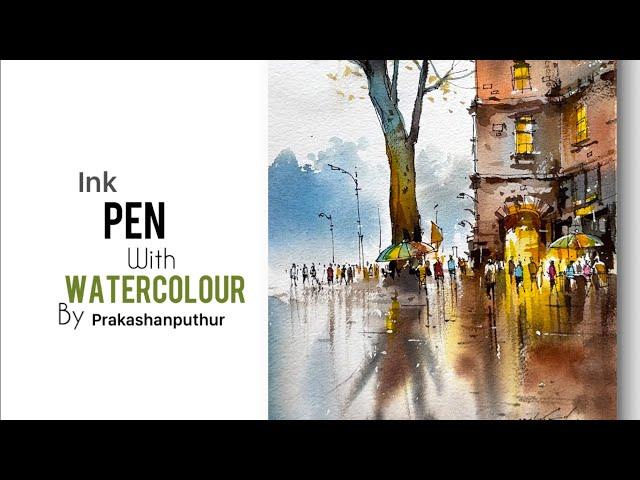 How to paint rainy city street in watercolor  |  pen with watercolour