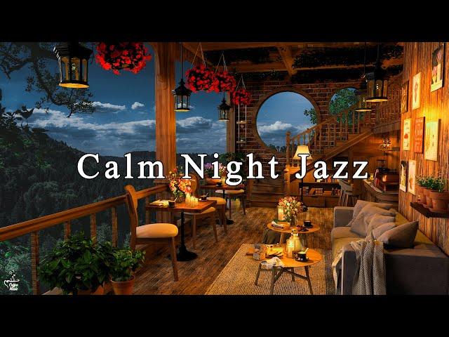 Calm Night in Cozy Coffee Shop Ambience  Instrumental Jazz Music & Soft Crickets Sounds to Relaxing