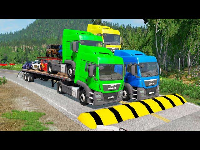 Double Flatbed Trailer Cars Transportation with Truck - BeamNG.Drive #119