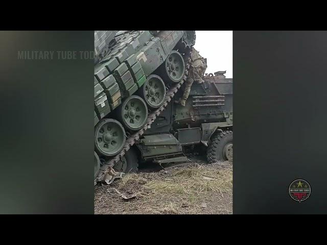 Ukrainian T 72B3 tank crashes into American MRAP MaxxPro