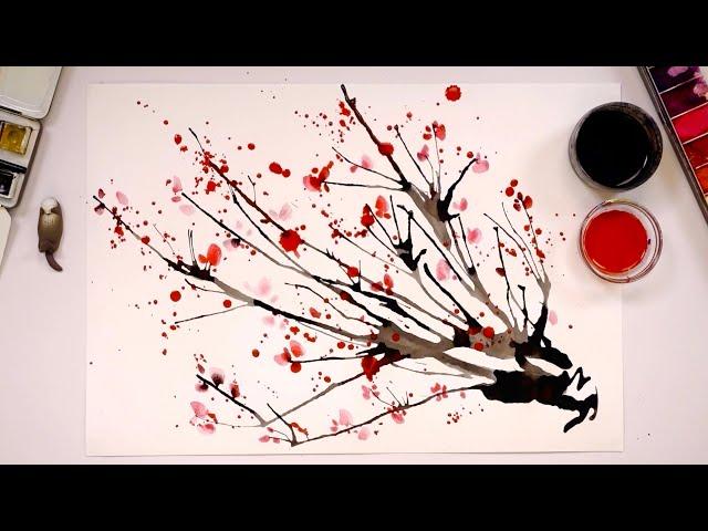 Special straw painting technique / How to paint a cherry blossom tree easy