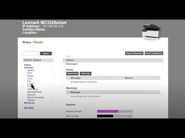 Lexmark—Configuring the e-mail SMTP settings using the Embedded Web Server