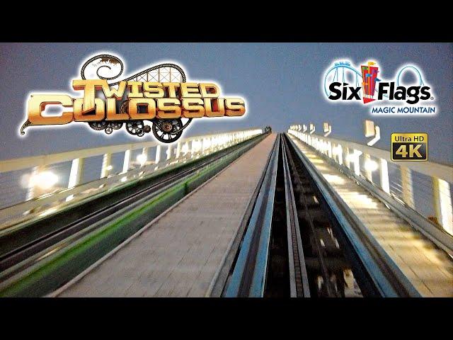 2023 Twisted Colossus Roller Coaster at Night On Ride Front Seat 4K POV Six Flags Magic Mountain