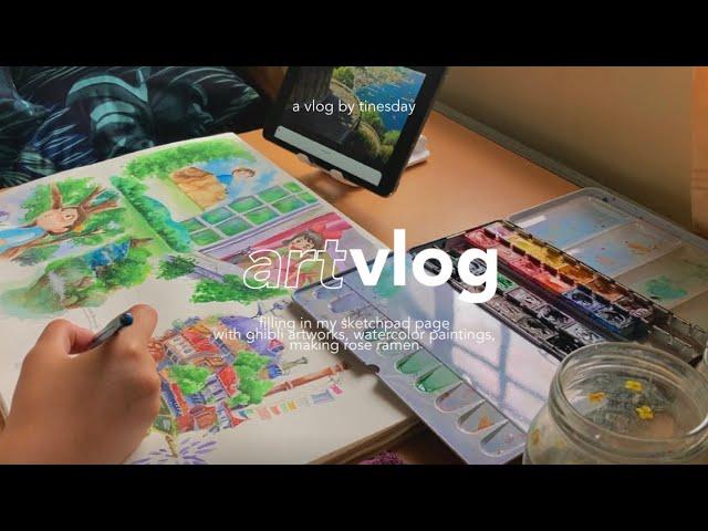 chill art vlog  watercolor art, painting studio ghibli scenes & making rose ramen 