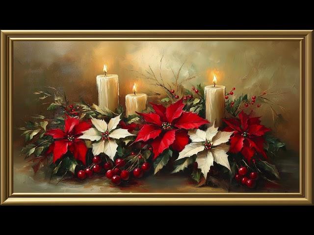 Vintage Christmas Poinssettias Arrangement Painting | Gold Frame TV Art | Art Screensaver for TV