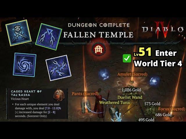 Sorcerer New Tal'Rasha Lightning Build w/ Lv51 Solo Fallen Temple - Diablo 4 S1