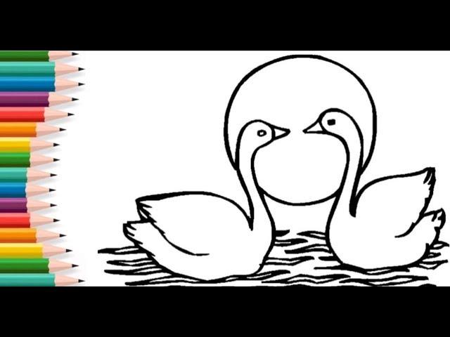 Coloring for children SWANS. Cartoon coloring. Learn colors in English.