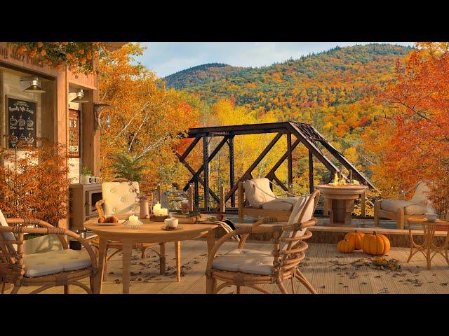  4K Cozy Autumn at Outdoor Coffee Shop Ambience - Warm Jazz Music for Study/Work to