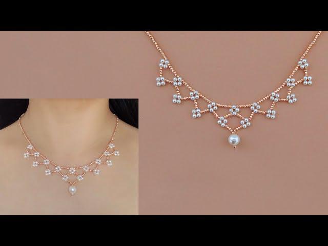 DIY Beaded Lace Necklace with Pearls and Seed Beads. How to Make Beaded Jewelry. Beading Tutorial