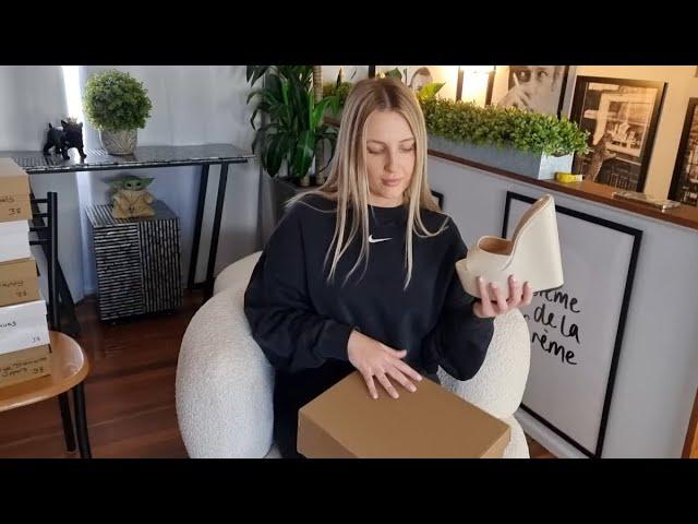 Catie Unboxes Cream Slide On Mule 7 Inch Summer Wedge High Heel Shoes With Open Toe