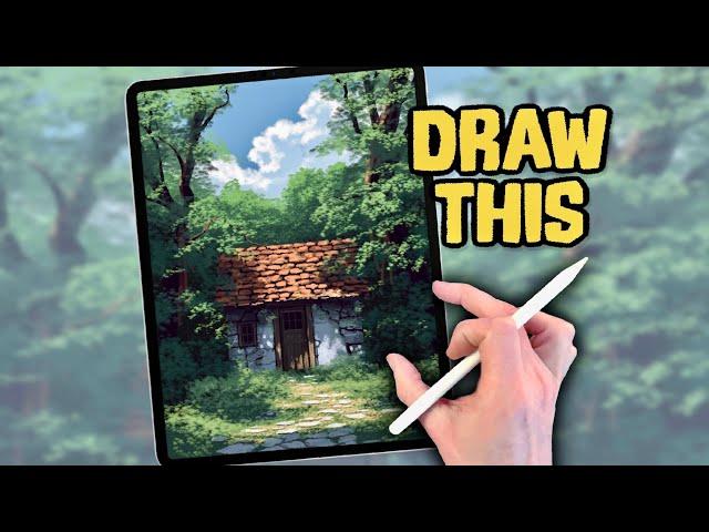 PROCREATE Landscape DRAWING Tutorial in EASY Steps - Secret Forest Hut