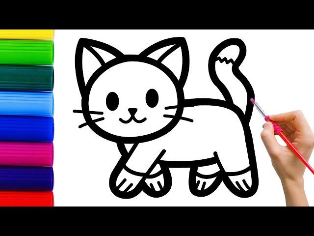 How to draw cute cat with rainbow colors for kids