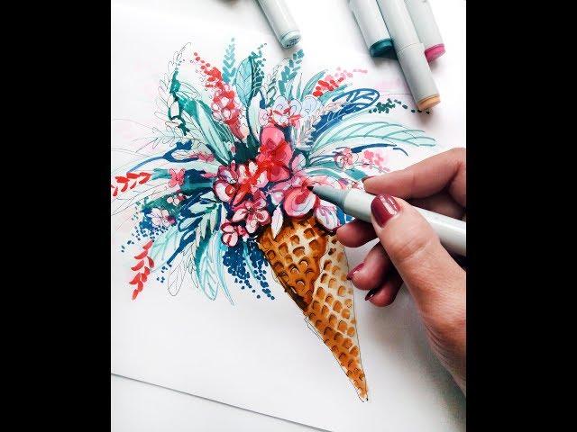 цветочное мороженое спиртовыми маркерами/ painting markers
