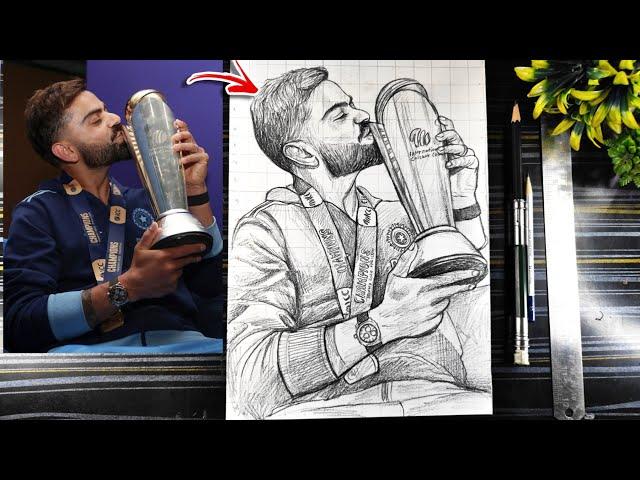 Virat Kohli Drawing with ICC Champion Trophy  , How To Draw Virat Kohli With Trophy, Kiss Trophy 