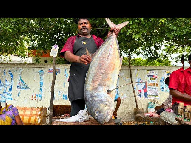 KASIMEDU  SPEED SELVAM | 32 KG GIANT TREVALLY FISH CUTTING | IN KASIMEDU | HD VIDEO | FF CUTTING