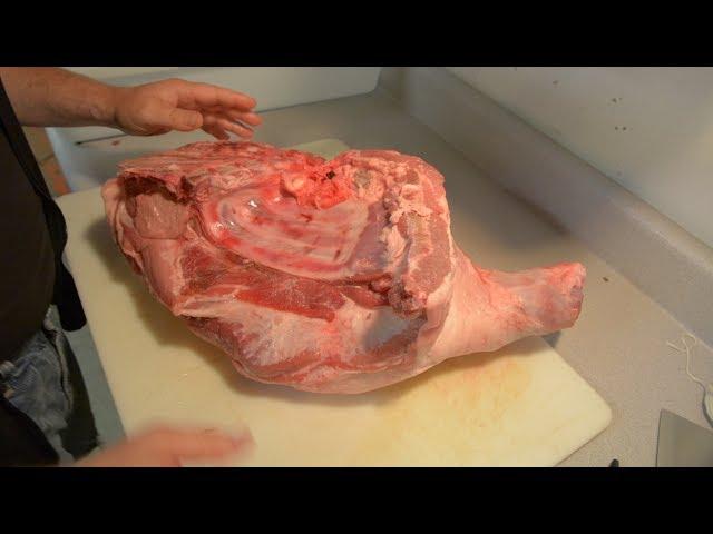 Hog Butchery.  Breaking down a pork shoulder into boston Butt, picnic and hock at The Crouch Ranch