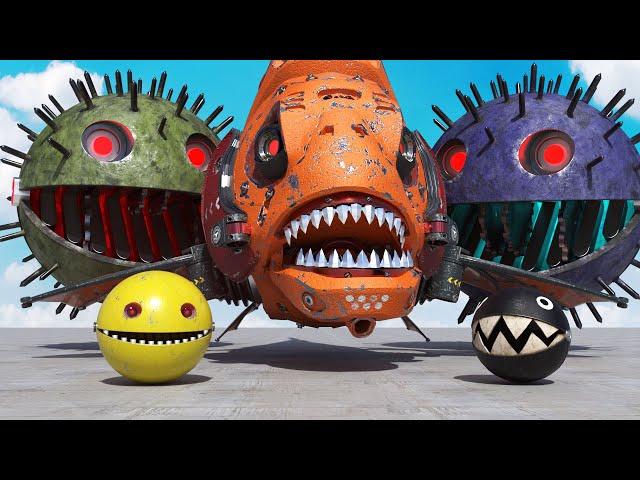 Robot Pacman VS Spiky Monsters & Piranha in Maze with Cartoon Cat & Chain Chomp