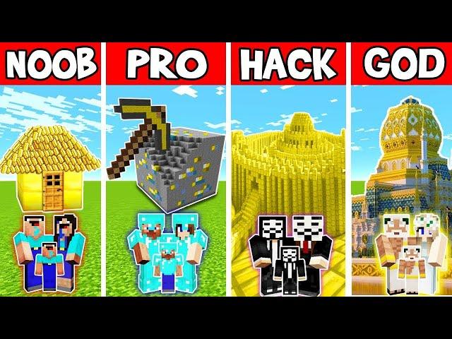 Minecraft Battle: GOLD CASTLE HOUSE BUILD CHALLENGE - NOOB vs PRO vs HACKER vs GOD / Animation