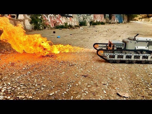 LEGO Technic RC flamethrower tank vs Playmobil minifigure