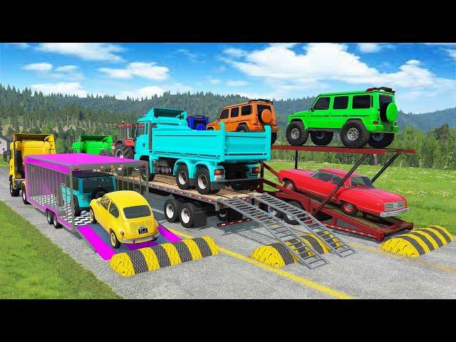 TRANSPORTING PIXAR CARS & FRUITS WITH COLORED & JOHN DEERE vs CLAAS vs TRACTORS - BeamNG.drive #962