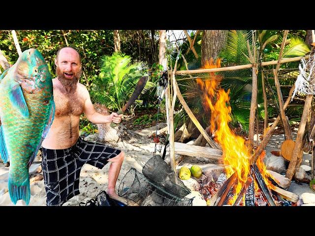 9-DAYS Surviving on a DESERT ISLAND - Ep.1 (Primitive Friction Fire, Camping Shelter, Foraging Food)