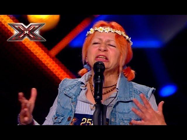 An elderly hippie woman struck X Factor judges with a strange indie song