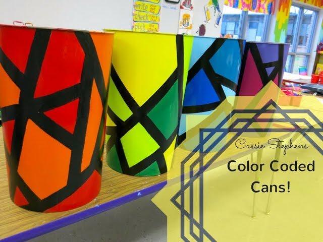 How to Decorate an Art Room: Color Coded Trash Cans!