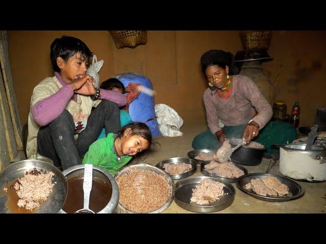 village joint family food || dharme brother's family having rice || village life of Nepal ||