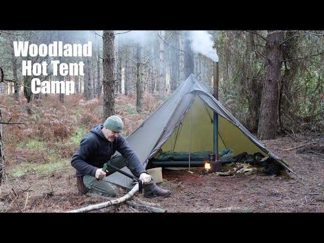 Overnight Forest Camp in a Hot Tent.  Wood Stove Tent Heater.  Chinese Pork and Fried Noodles.