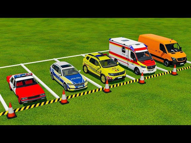 TRANSPORTING POLICE, AMBULANCE, TESLA, CHEVROLET CARS & VOLKSWAGEN POLICE ! Farming Simulator 22