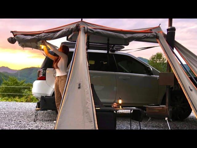 Alone simple car camping in the mountian ️wood stove relaxing cozy shelter cooking