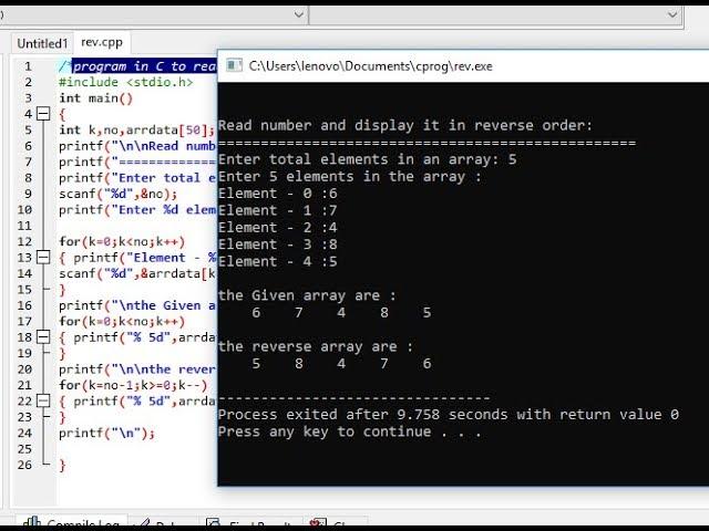 program in C to read n number of values in an array and display it in reverse order