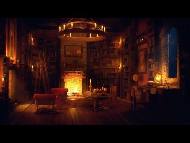 Ancient Library Room - Relaxing Thunder & Rain Sounds, Crackling Fireplace for Sleeping for  Study