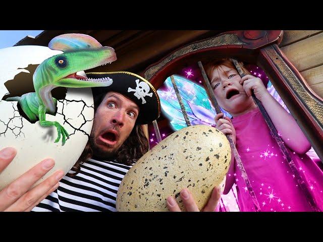 Fairy Adley hatches BABY DiNOSAURS!!  Pirate Dad wants a PET DiNO! Hidden island Gold & Making Art!