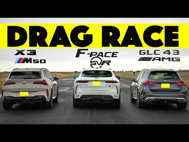 Size Matters! 2024 BMW X3 M50 vs 2024 MB GLC 43 AMG vs 2024 Jaguar F Pace SVR. Drag and Roll Race