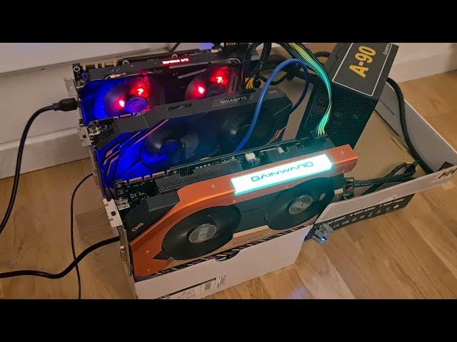 Cheap mining rig assembly for Ethereum cryptocurrency, cartoon box used as a frame