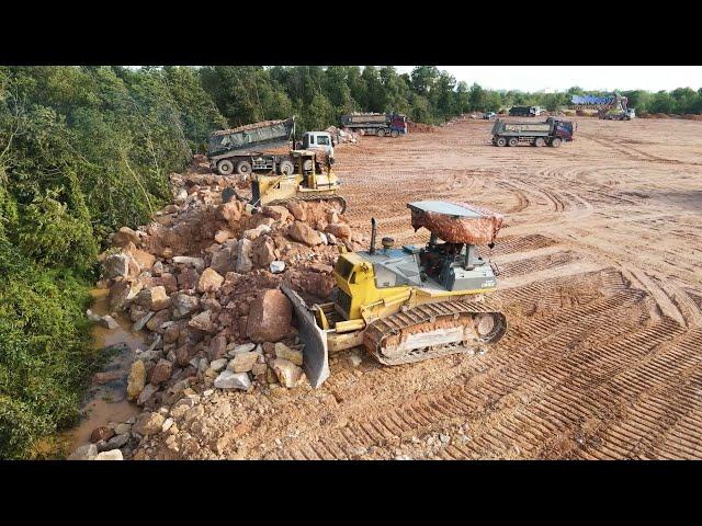 Best Result Collection Filling Up Much Stone Into Water Area By Bulldozers And Dump Trucks Team Work