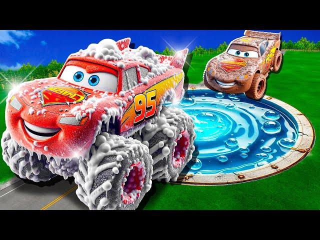 Water Pit Cleaning In Muddy Lightning McQueen & Big & Small Pixar Cars! Beam.NG Drive!