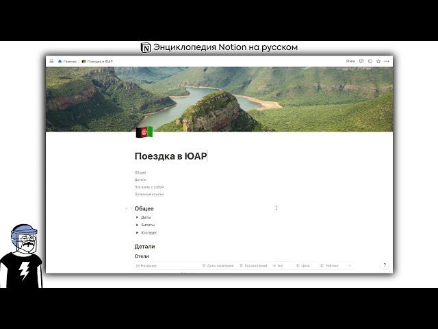 Пример использования Notion для планирования путешествия | Готовый шаблон