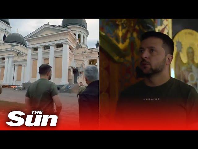 Zelensky visits historic Odesa cathedral damaged by Russian strike