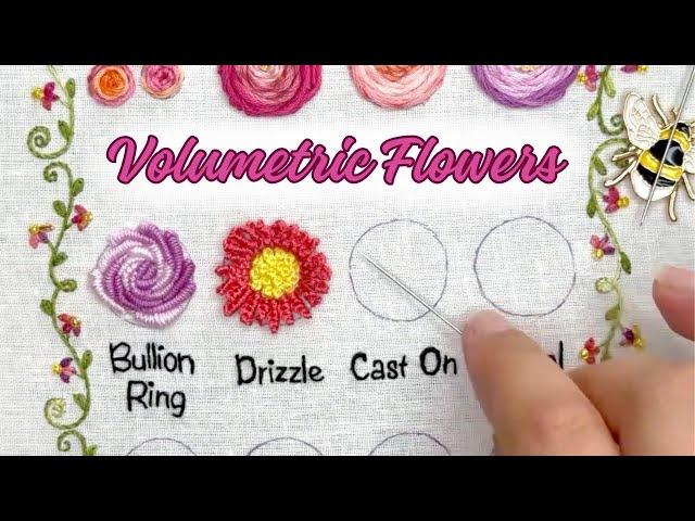 Bullion Ring Stitch and Drizzle Stitch 🪡 Embroidery Tutorial | Volumetric Flowers Sampler Page